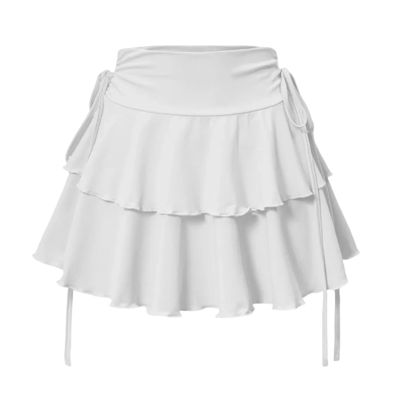 Jupe courte évasée blanche à taille haute avec double volants superposés