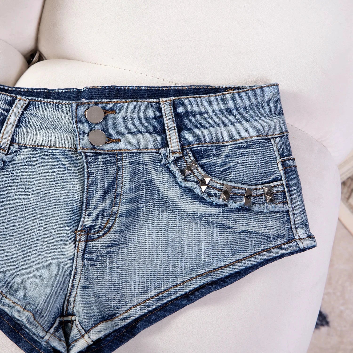 Short En Jean Femme Déchiré Taille Basse Rivets Y2K