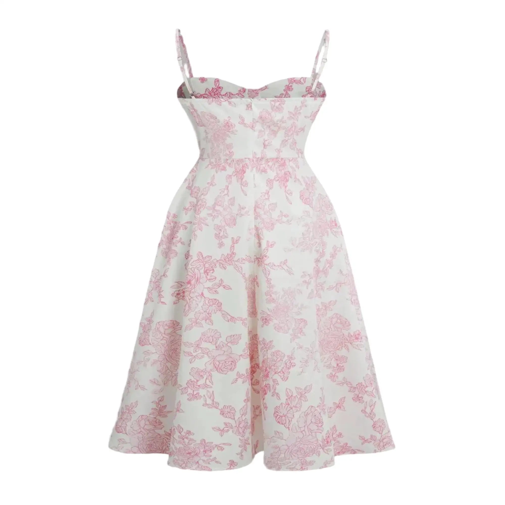 Robe longue florale rose sur fond blanc, bretelles spaghetti et coupe évasée