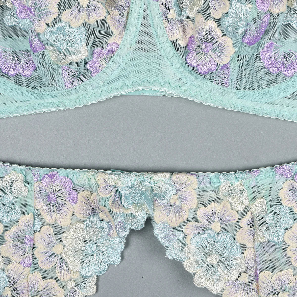 Floral Lace Lingerie Set — Bra, Thong & Garter Belt