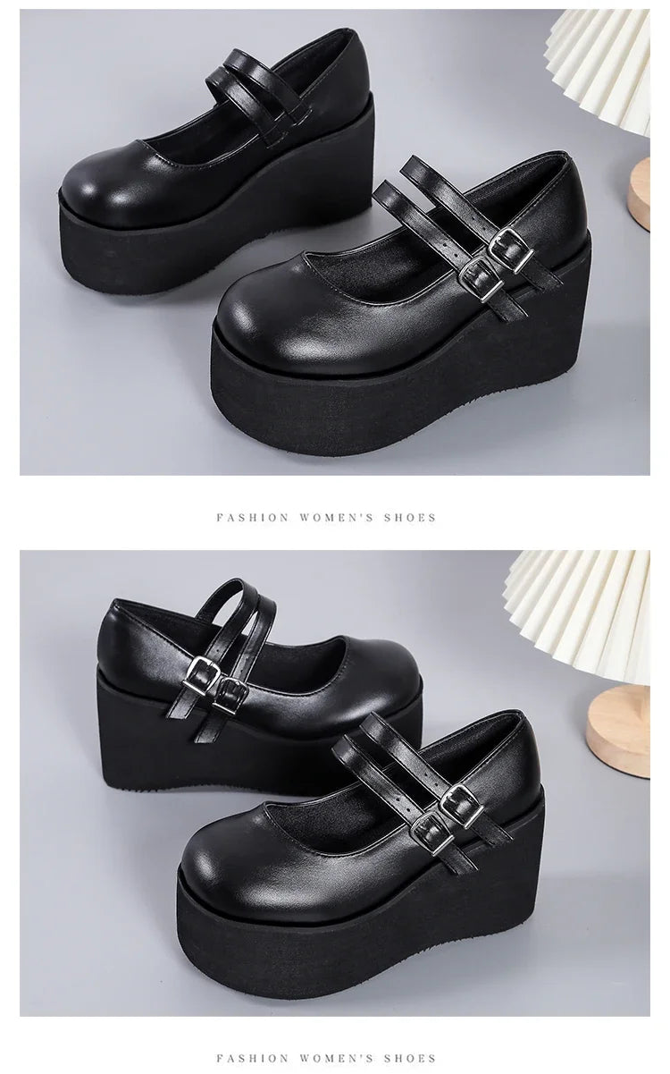 Escarpins Mary Jane Noir Verni À Plateforme Et Talon Compensé