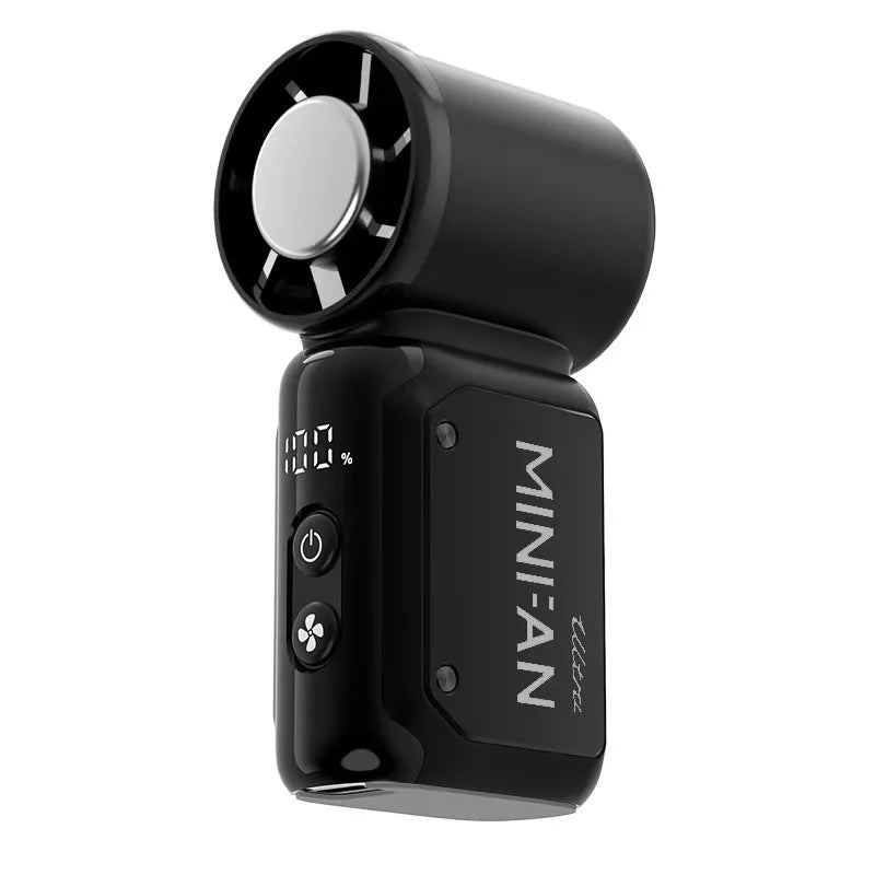 Ventilateur portable noir MINIAN Turbo Mini, affichage numérique et boutons de contrôle