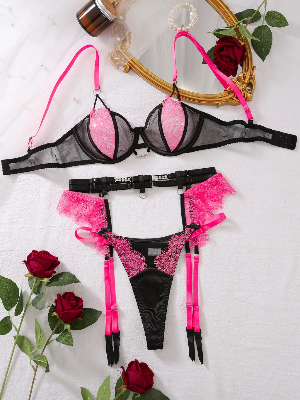 SMPG Ensemble Lingerie Maille Éthique Rose Et Noir Sangles