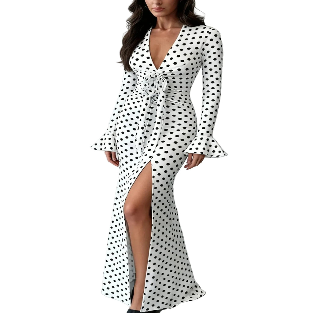 Robe À Pois Col V Amincissante Manches Cloche