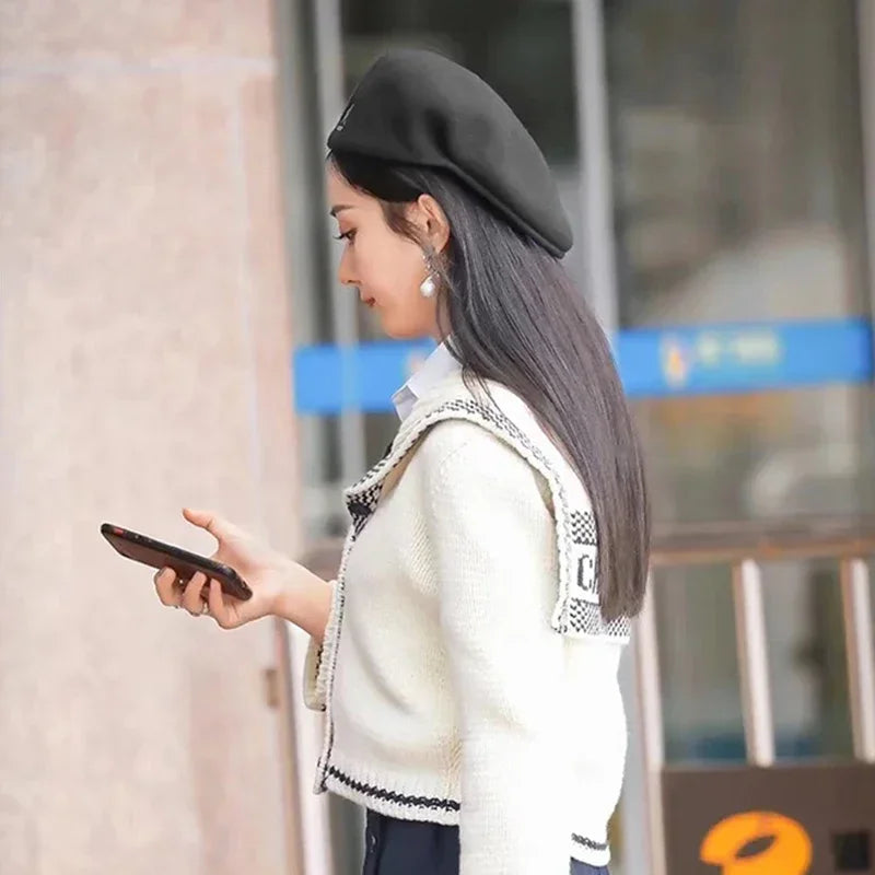 Béret En Laine Noir Motif Étoiles Tricot Été Fin Unisexe