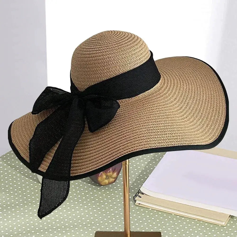 Chapeau de plage en paille à grand bord et nœud décoratif - LSDLBoutique