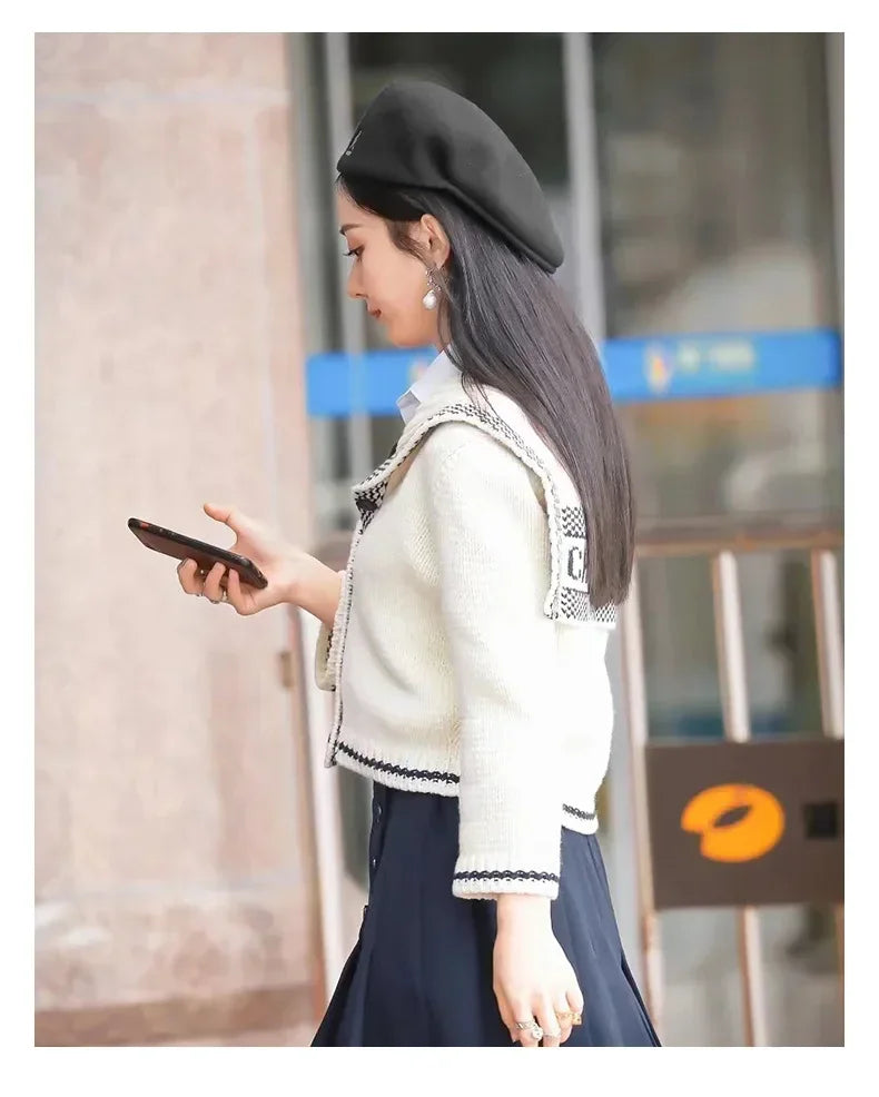 Béret En Laine Noir Motif Étoiles Tricot Été Fin Unisexe