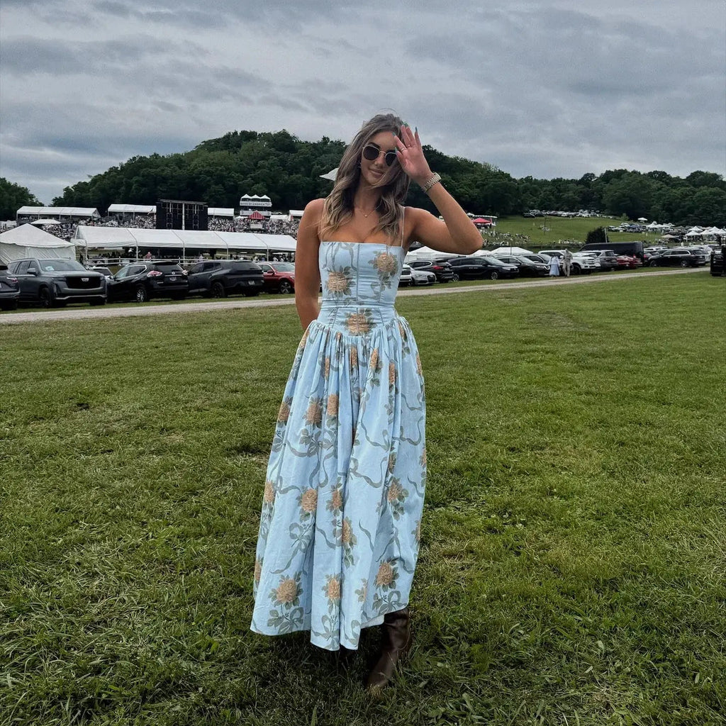 Mingmingxi Summer Elegant Floral Print Dress 2025 New Arrivals Spaghetti Strap Flared Maxi Vacation Party Dresses for Women