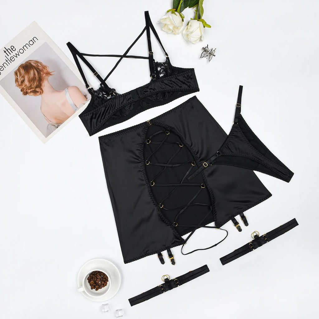 Ellolace Ensemble Lingerie Soutien Gorge Croisé Push Up Dentelle Rouge