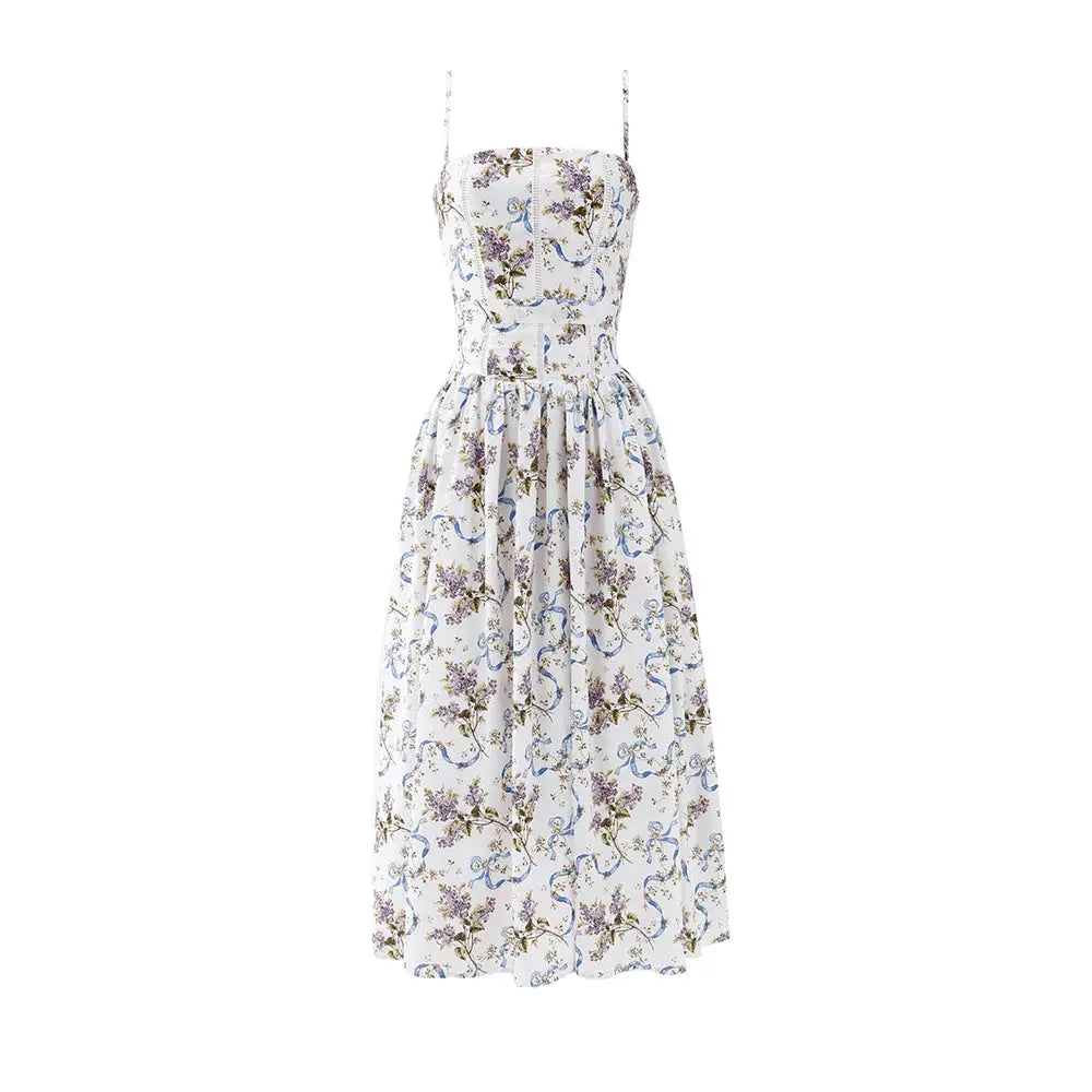 Mingmingxi Summer Elegant Floral Print Dress 2025 New Arrivals Spaghetti Strap Flared Maxi Vacation Party Dresses for Women
