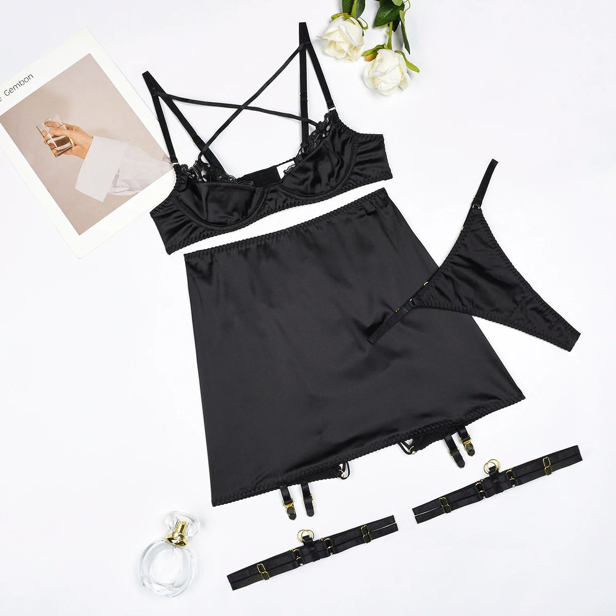 Ellolace Ensemble Lingerie Soutien Gorge Croisé Push Up Dentelle Rouge