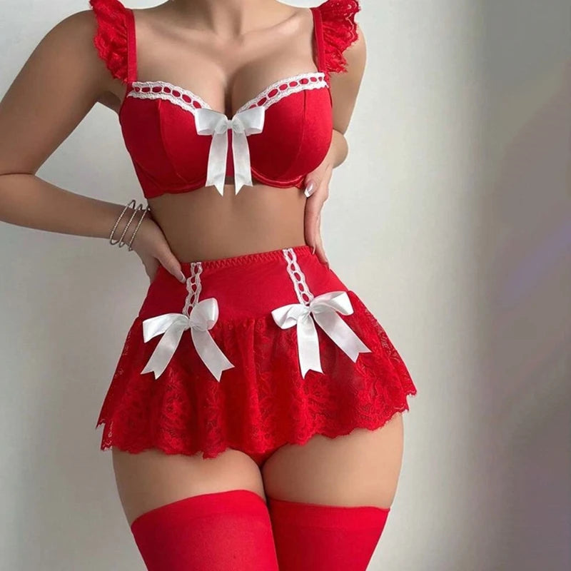 Dedomon Ensemble Lingerie Cosplay Femme De Chambre Dentelle Rouge