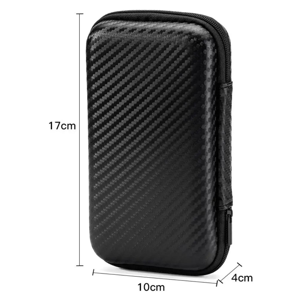 Etui de transport rigide en EVA noir, fini carbone, zip, dimensions 17 cm × 10 cm × 4 cm