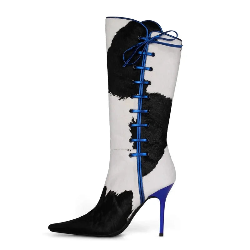 Bottes Mi-Mollet Cuir Blanc Noir Zip Latéral Bleu