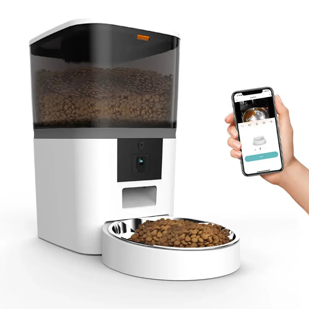 Distributeur automatique de nourriture pour chat ZYfeeder blanc, réservoir translucide 4 L et bol inox, caméra/app
