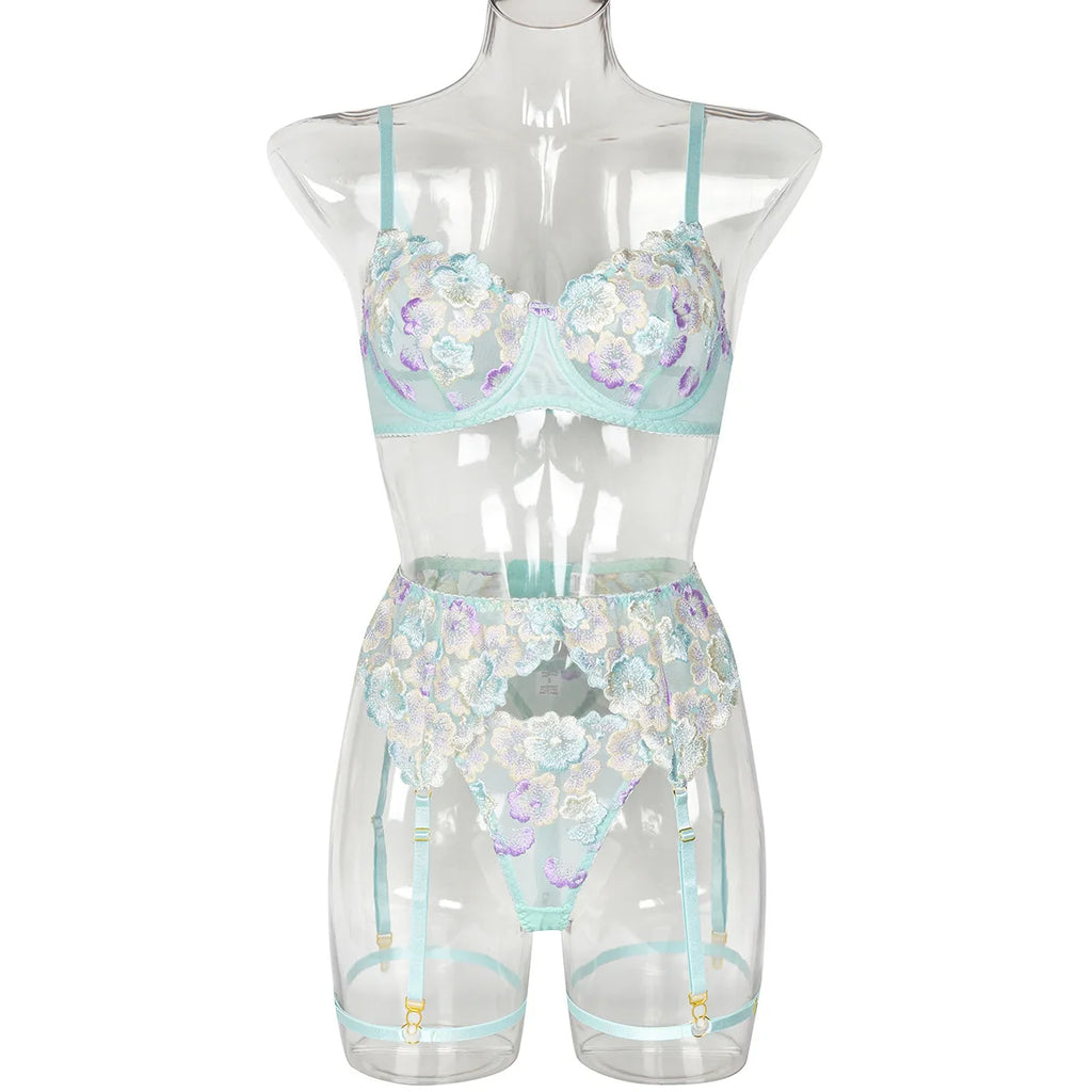 Floral Lace Lingerie Set — Bra, Thong & Garter Belt