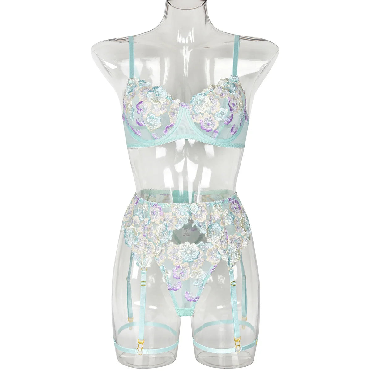 Floral Lace Lingerie Set — Bra, Thong & Garter Belt