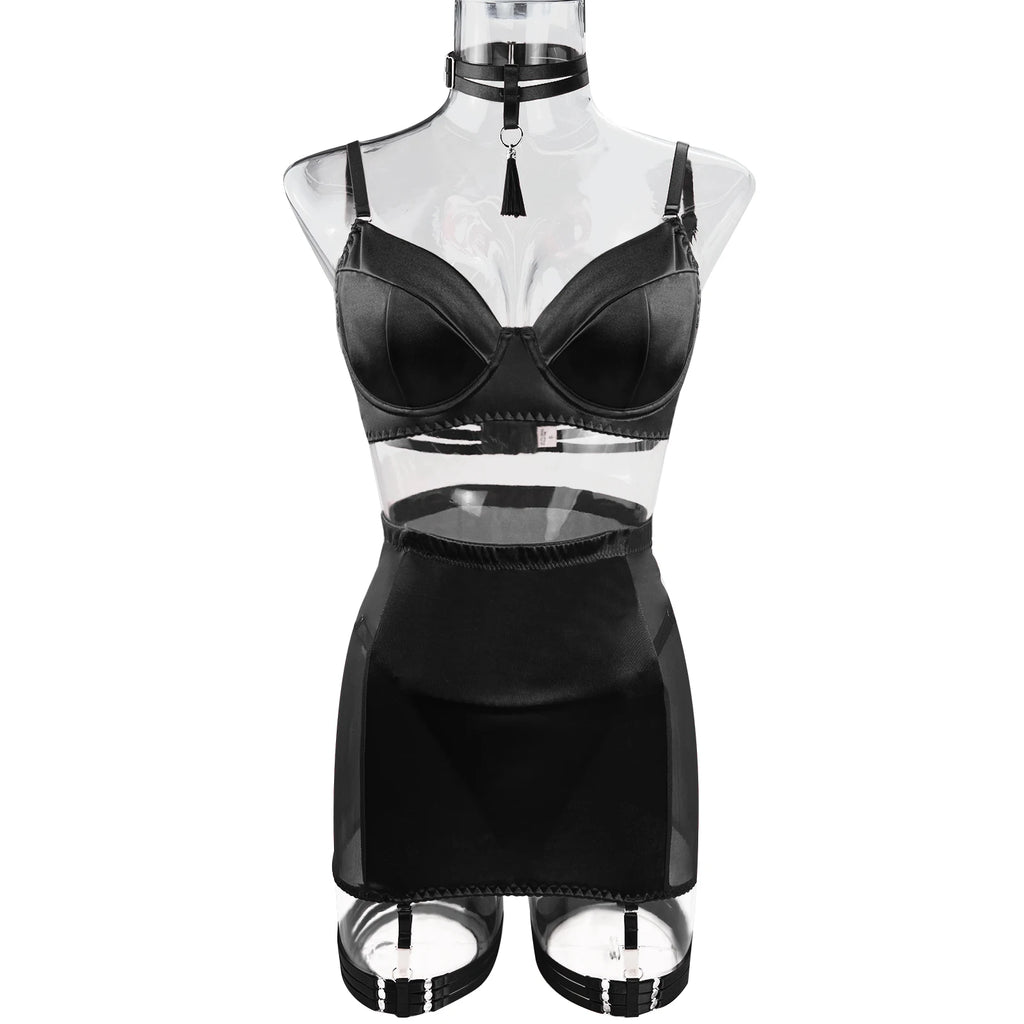 Ellolace Lingerie Satin Fin Dentelle Rouge 5Pièces