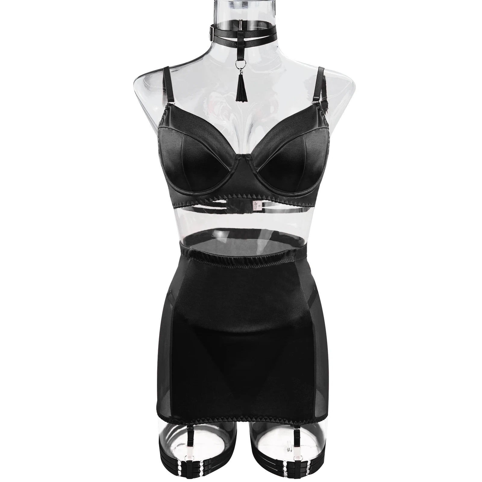 Ellolace Lingerie Satin Fin Dentelle Rouge 5Pièces