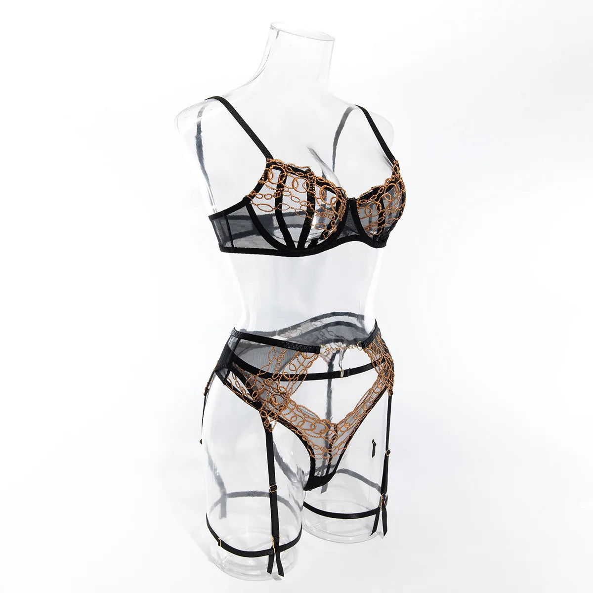 Toucheart Ensemble Lingerie 4 Pièces Dentelle Dorée Noire