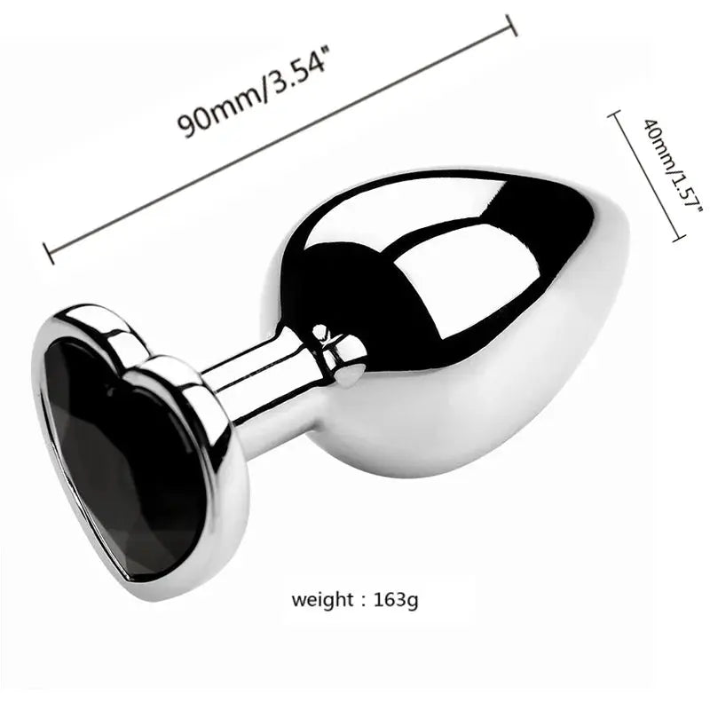 Plug anal en métal argenté avec cristal noir, base disque, set de 3 tailles