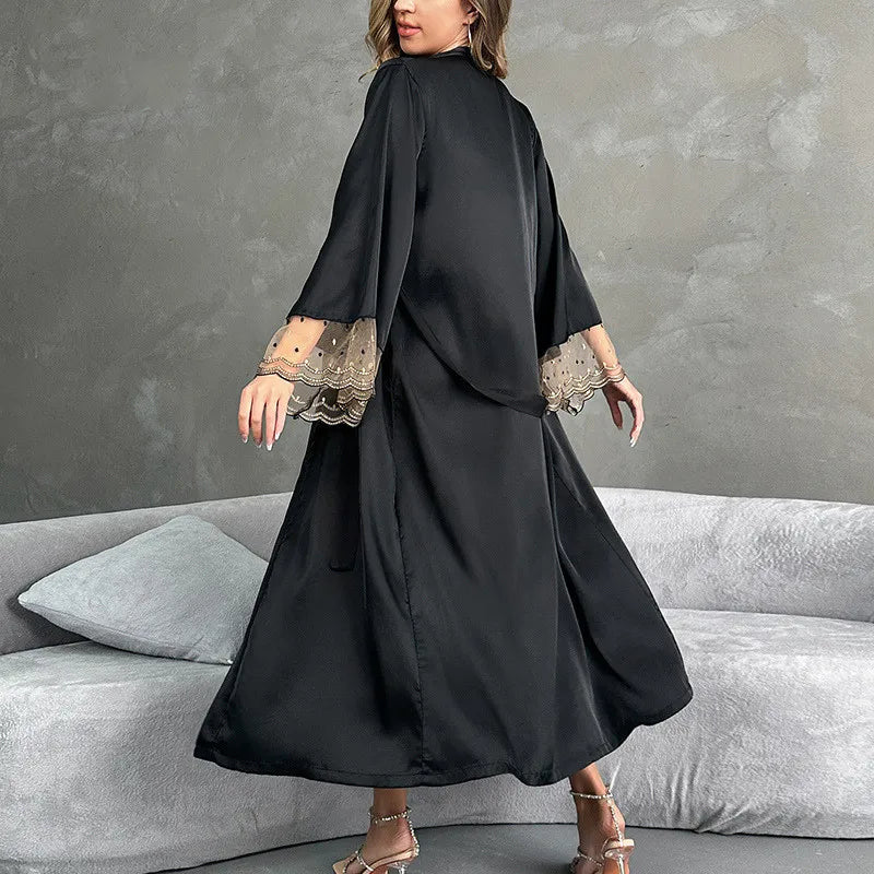 Niuniushow Robe de Nuit Satin Noir Col V Manches Longues Dentelle