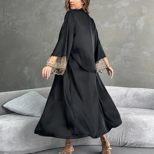 Niuniushow Robe de Nuit Satin Noir Col V Manches Longues Dentelle