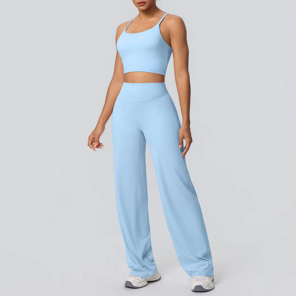Ensemble Sport Femme Bleu Clair Dos Nu Bretelles Pantalon Taille Haute