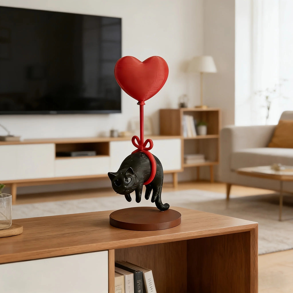 Figurine chat flottant avec ballon cœur LSDLBoutique, déco romantique rouge et noir sur base bois.