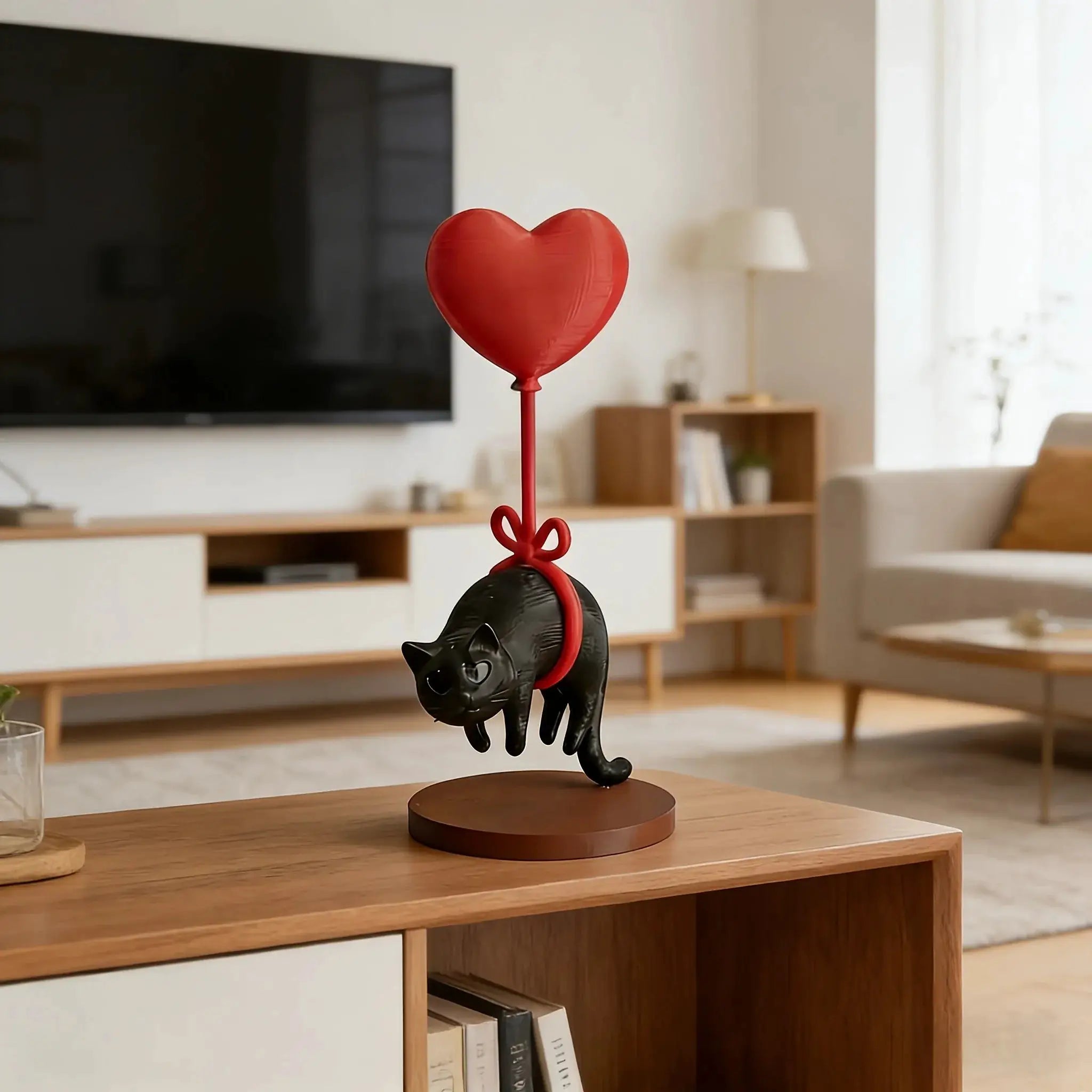 Figurine chat flottant avec ballon cœur LSDLBoutique, déco romantique rouge et noir sur base bois.