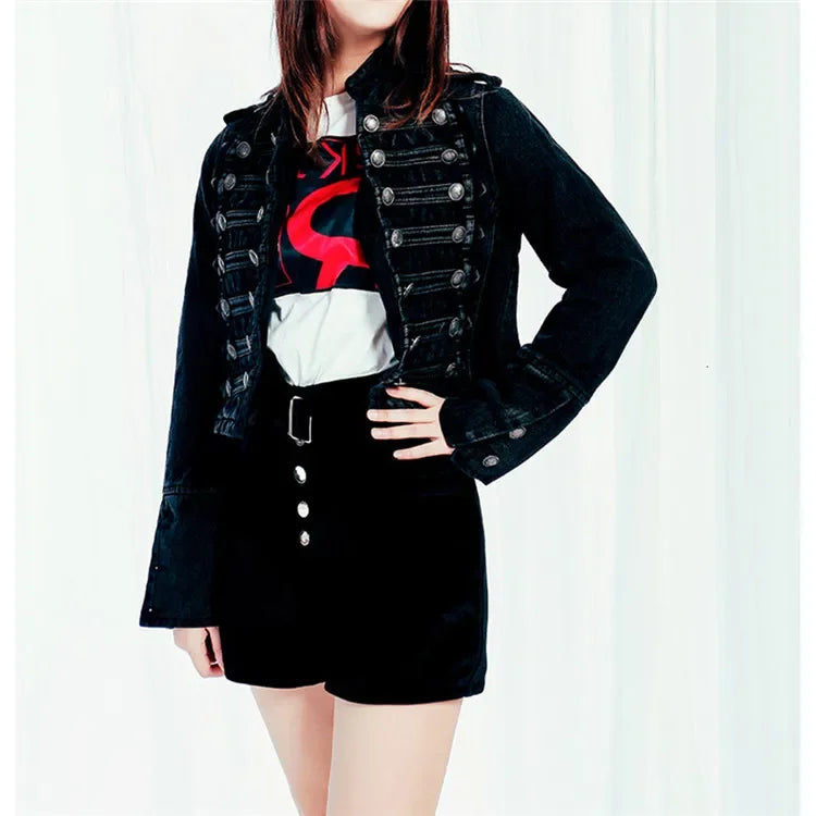 Yipn Veste Jean Courte Noir Fendue À Boutons Multiples