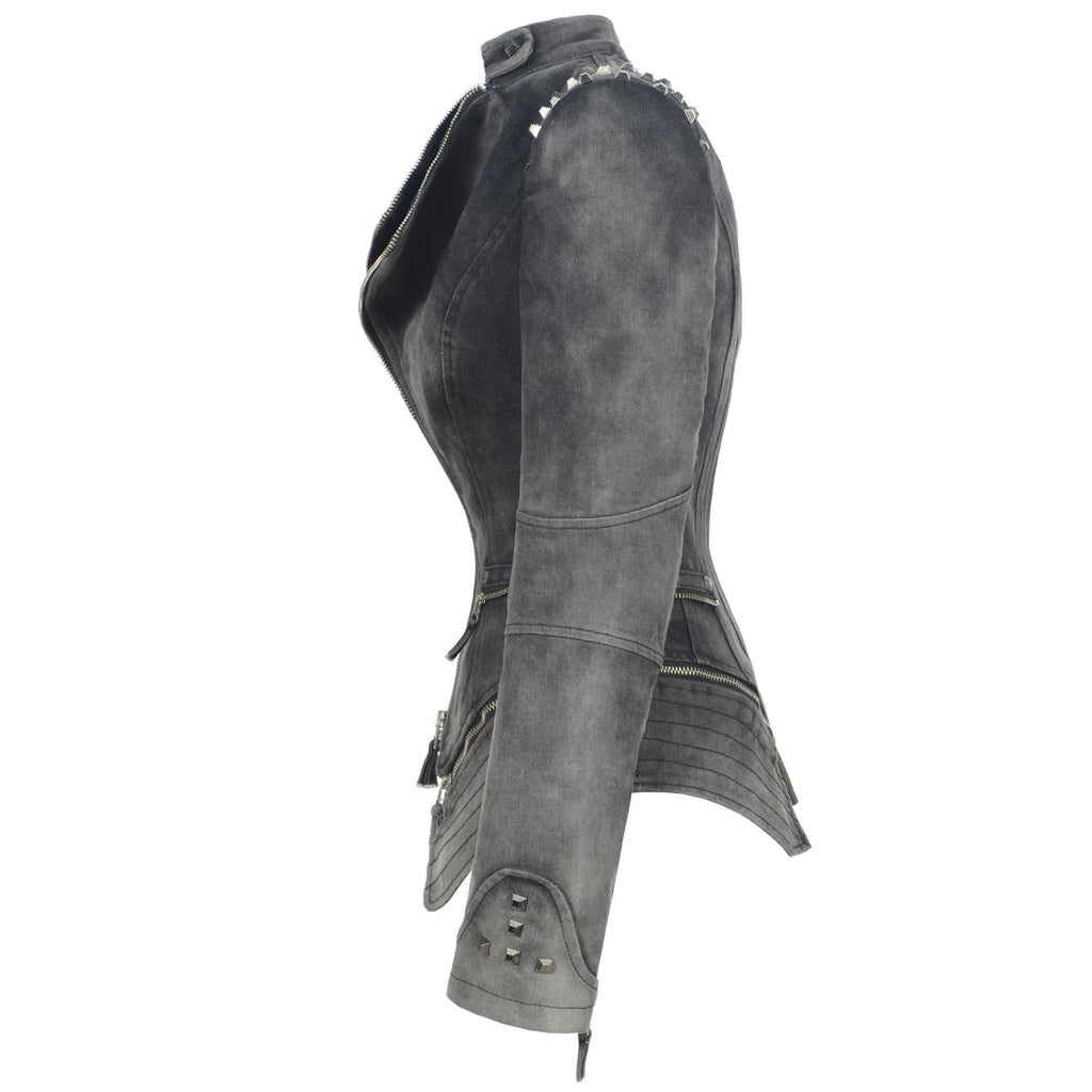 SX Veste Denim Gris Femme Moto Rivets Fermeture Éclair