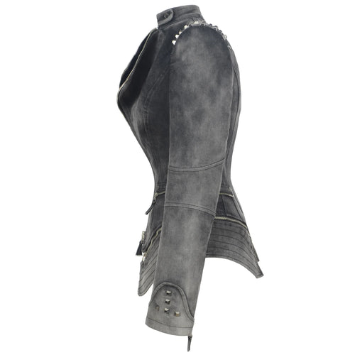 SX Veste Denim Gris Femme Moto Rivets Fermeture Éclair