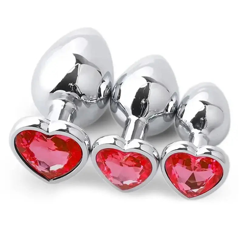 Plug anal en métal avec cristaux cœur rose, set de 3 tailles, finition argentée