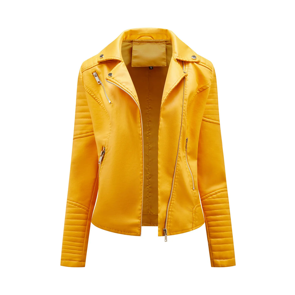 Qj Cinga Veste Motard En Cuir Jaune Zip Oblique Femme