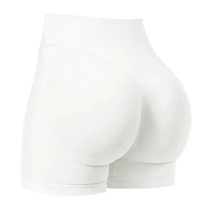 Short de sport Wendy sans couture blancs, taille haute élastique, coupe ajustée
