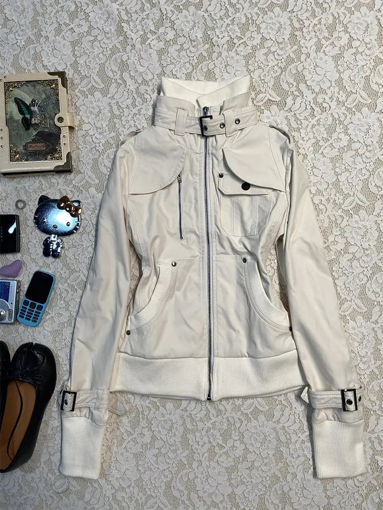 Veste Blanche À Col Montant Streetwear Zip Fermeture Zippée Polyester Non Tissé Pour Printemps Été Moderne by LSDLBoutique