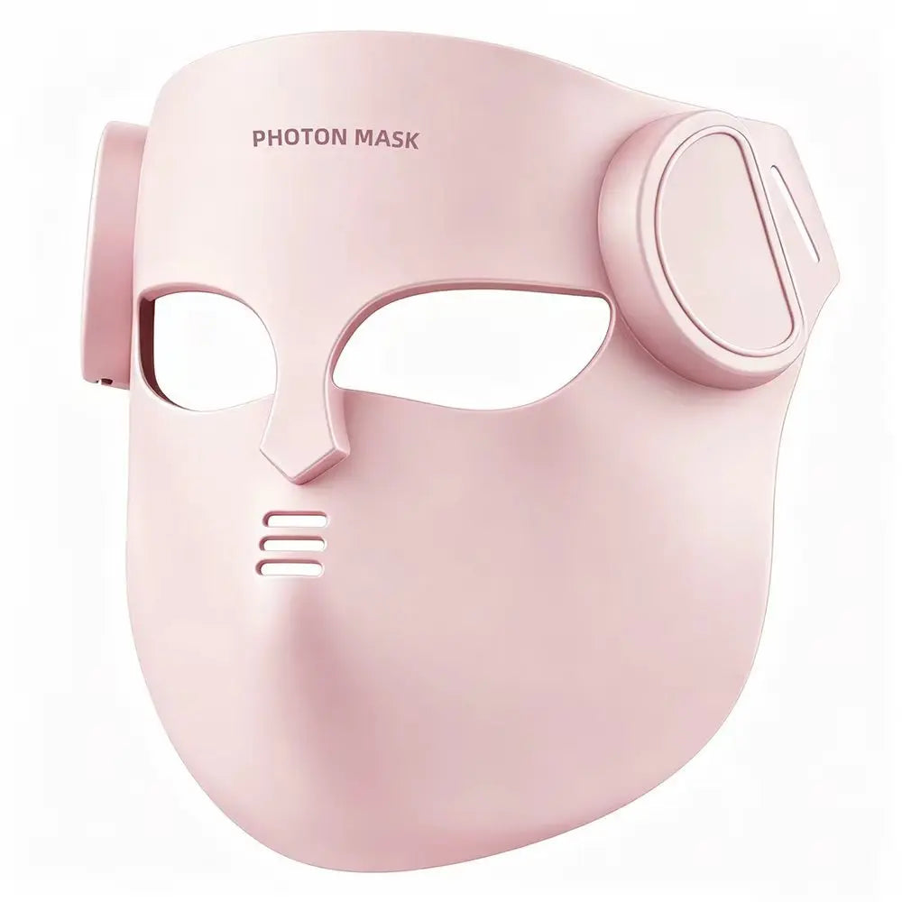 Masque LED visage et cou rose clair en plastique, avec boîtiers lumineux latéraux et ouvertures pour les yeux
