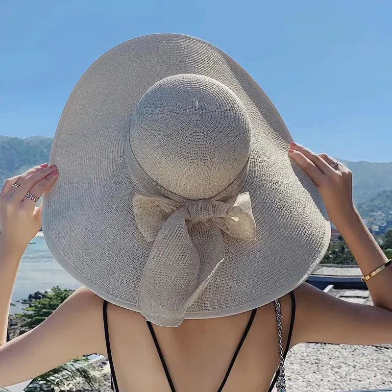Chapeau de plage en paille à grand bord et nœud décoratif - LSDLBoutique