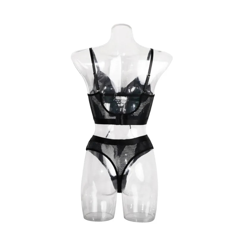 Tornova Lingerie Bustier Et Culotte Noire Patchwork PU Lacets Maille