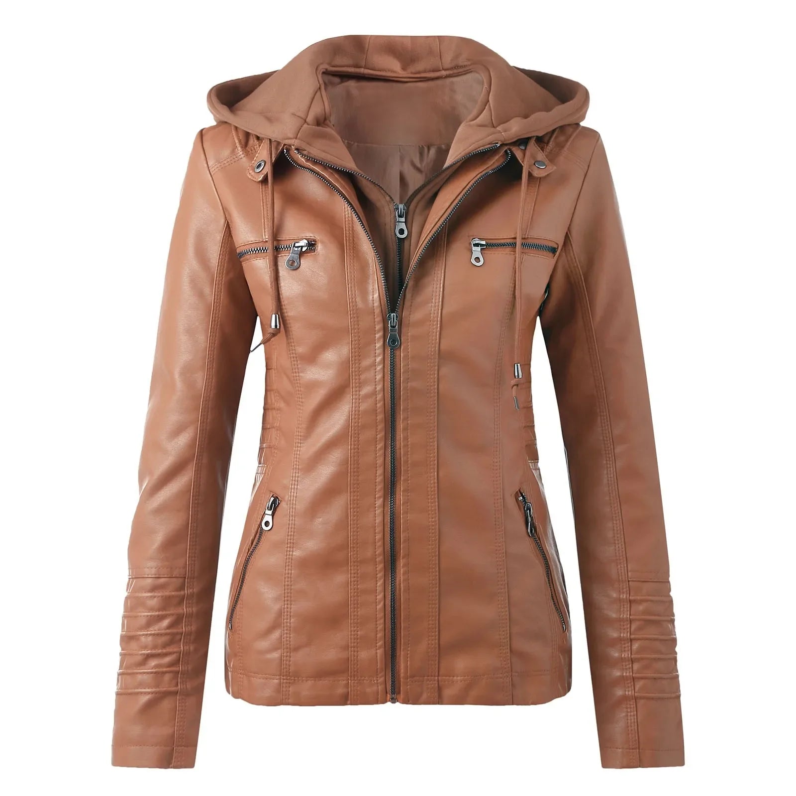 SITMCF Veste Moto Femme PU Cuir À Capuche Fermeture Éclair