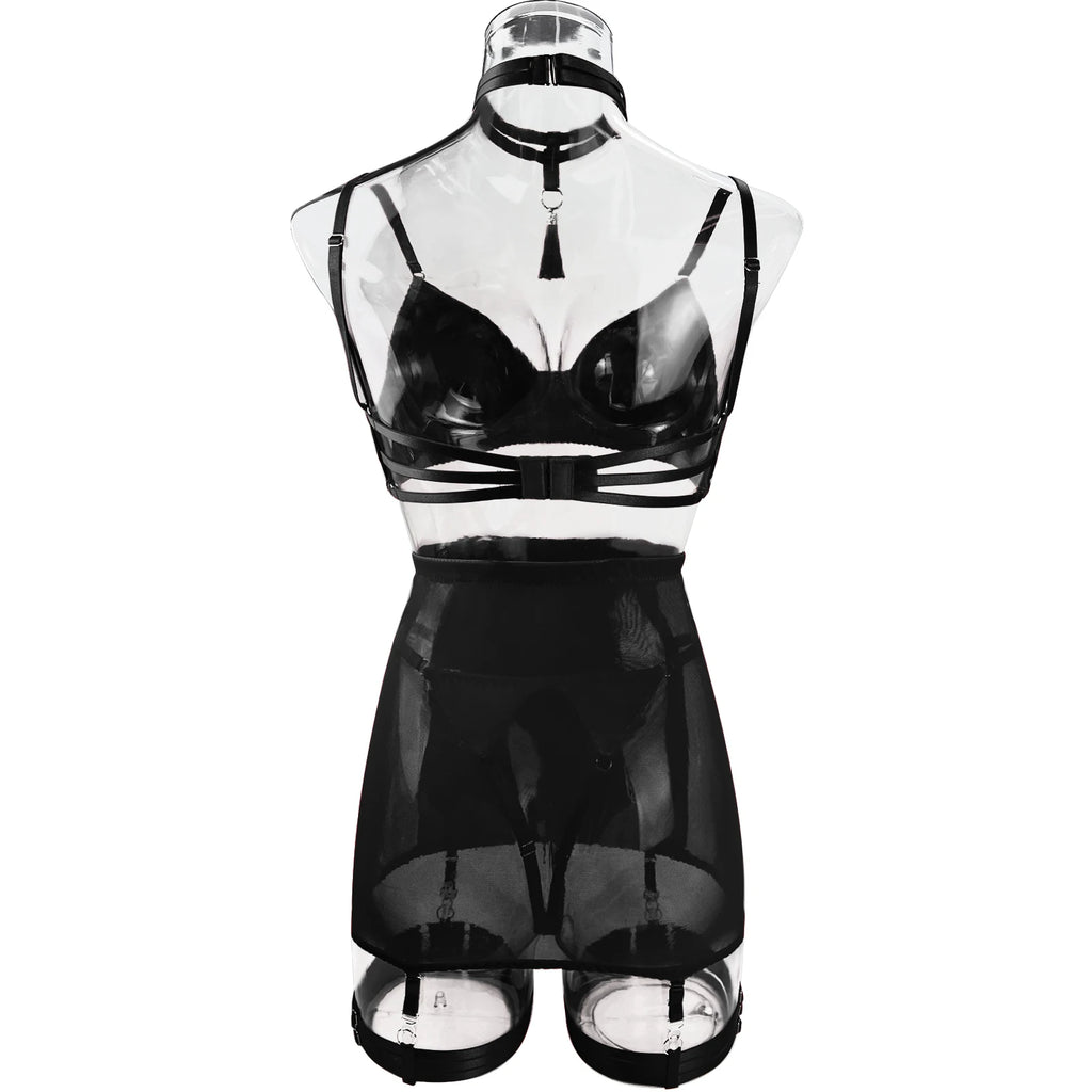 Ellolace Lingerie Satin Fin Dentelle Rouge 5Pièces