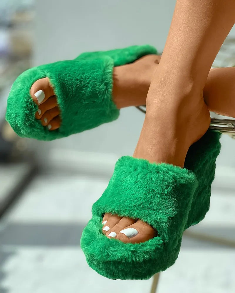 Pantoufles Femme Plateau Fourrure Fausse Talon Épais