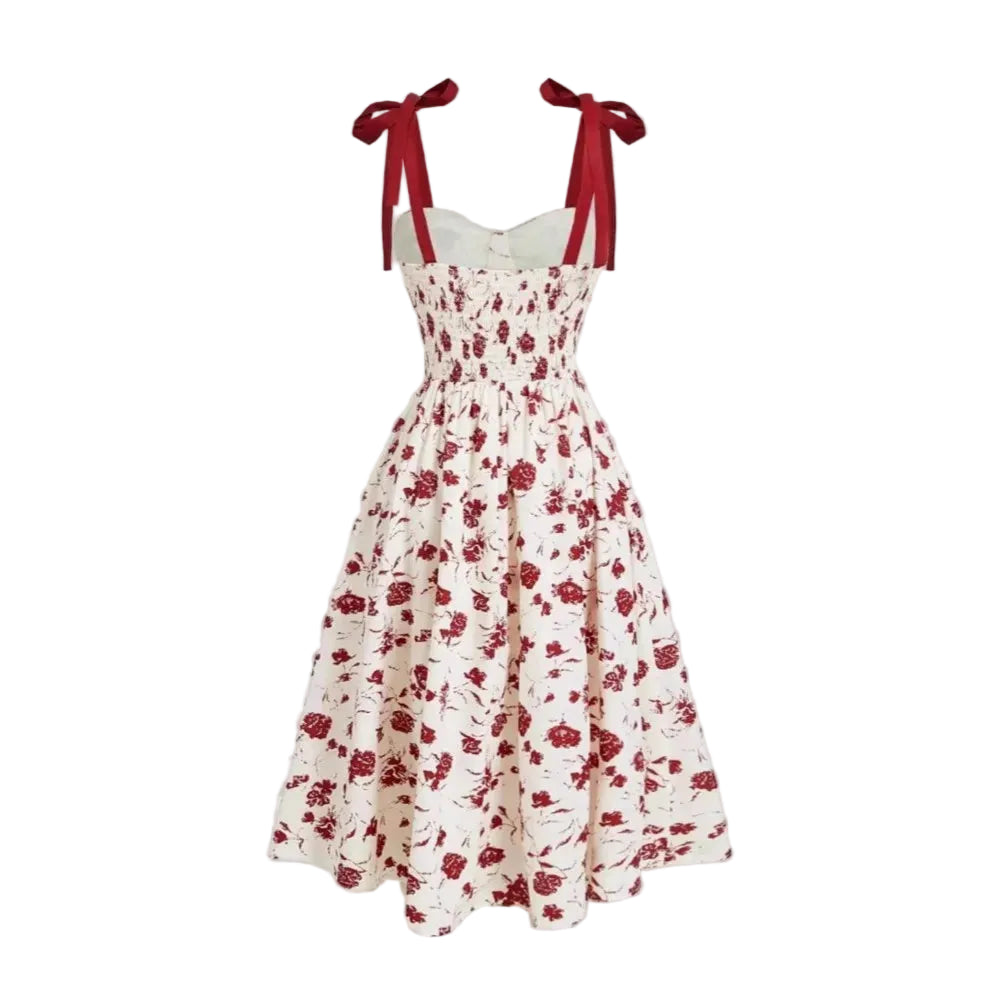 Robe midi à bretelles imprimé floral, fond crème avec fleurs rouges, bretelles ruban rouges LSDLBoutique