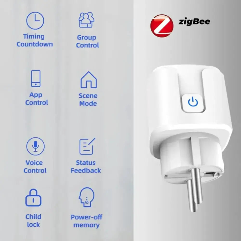 Prise intelligente Zigbee 16-20A LSDLBoutique, boîtier blanc avec bouton marche/arrêt et logo ZigBee.
