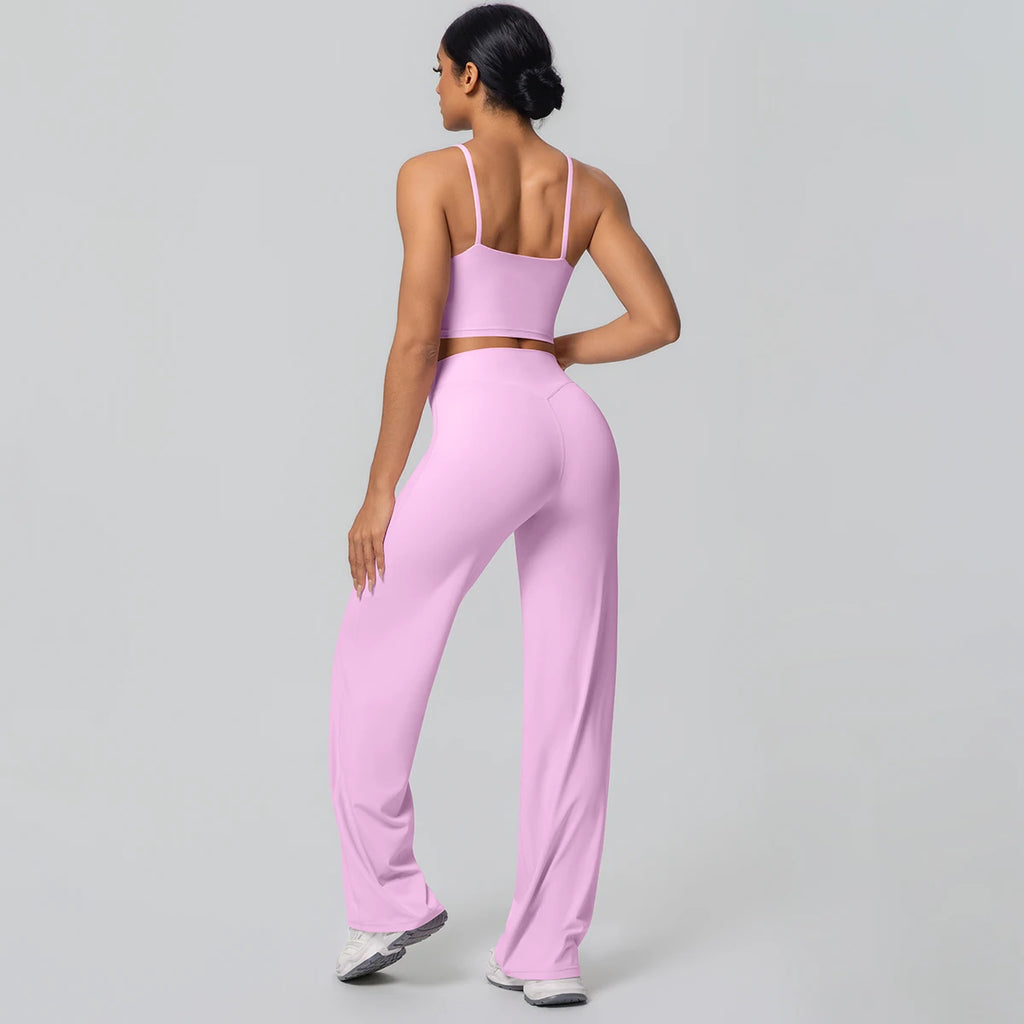 Ensemble Sport Femme Bleu Clair Dos Nu Bretelles Pantalon Taille Haute