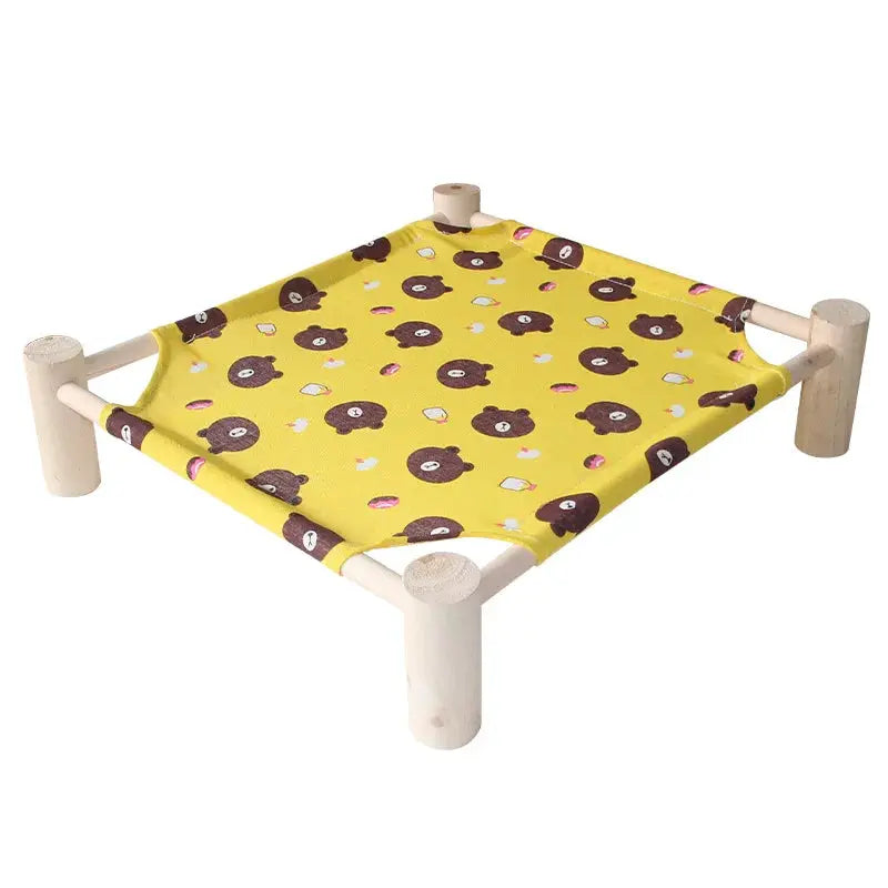 Lit extérieur pour chat et petit chien, cadre en bois et toile jaune à motifs ours, amovible et respirant