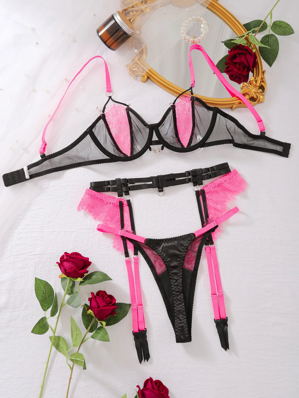 Les Secrets De Léa Ensemble Lingerie Dentelle Epissée Noir Rose Jarretelles