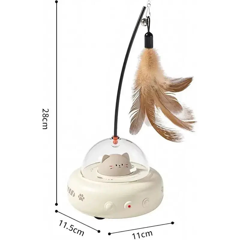 Jouet interactif pour chat d'intérieur 2 en 1, base beige ronde avec dôme et chat, baguette à plumes et pointeur laser, LSDLBoutique