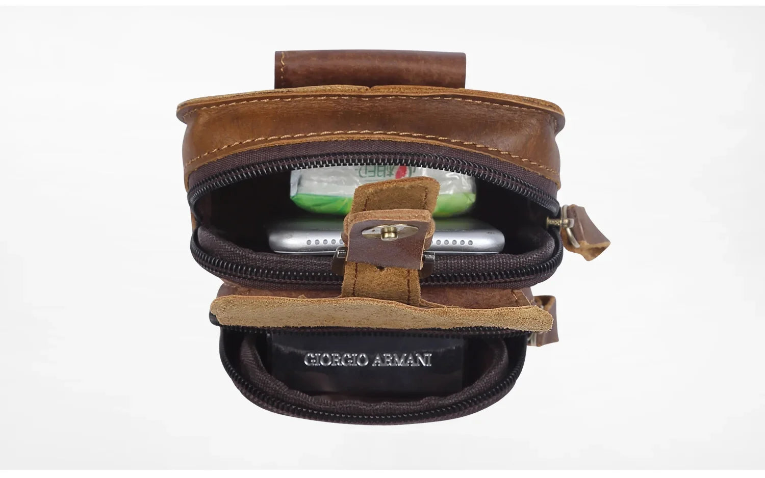 Sac de Taille en Cuir Brun avec Deux Compartiments et Fermeture Éclair